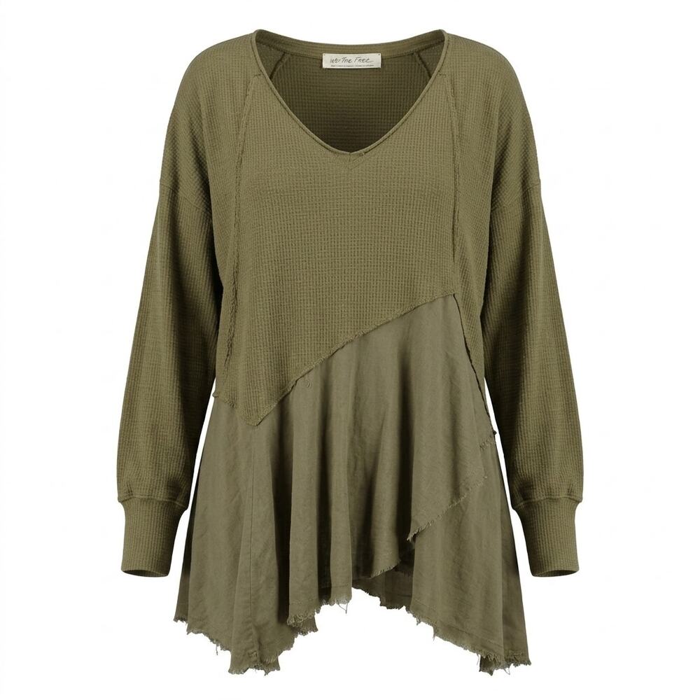 We The Free Olive Green Ruffle Asymmetrical Hem V-Neck Tunic Women Size L